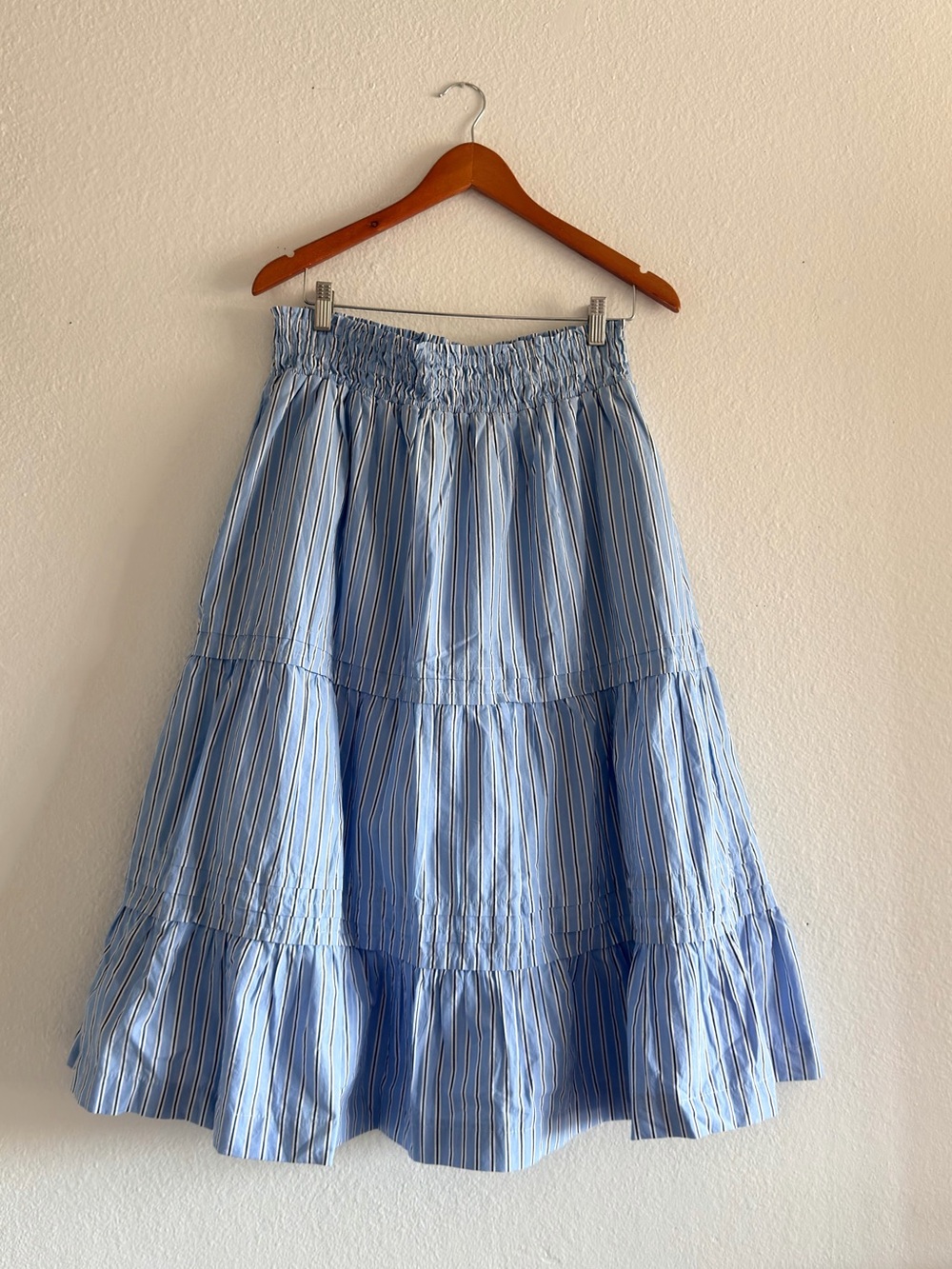 Quince Blue and White Striped Tiered Midi Skirt